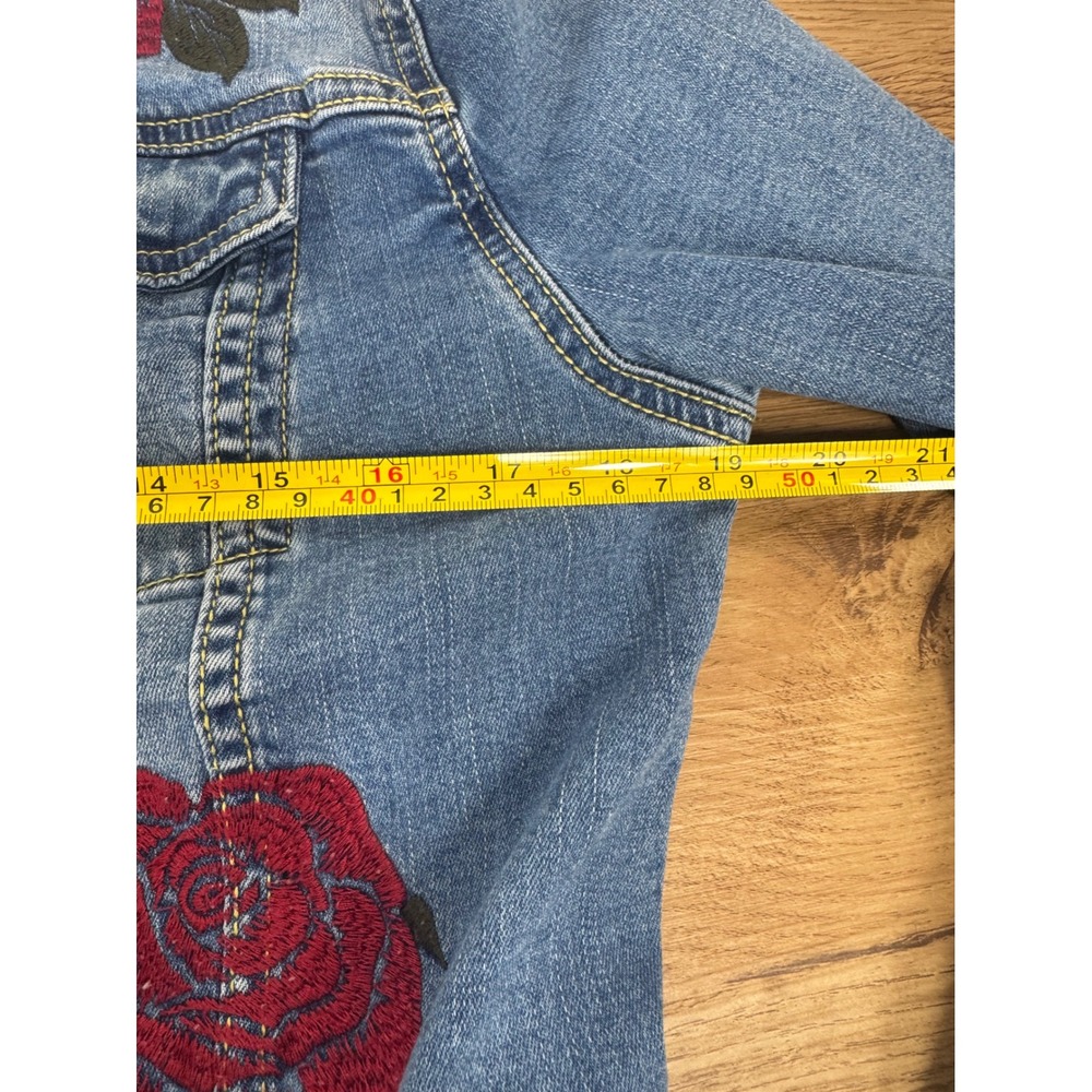 LuLaRoe Denim Jacket Womens M Blue Red Rose Floral Embroidered Stretch Jean Coat - Picture 9 of 10